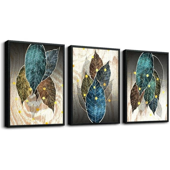 Black Framed Wall Art For Living Room Family Wall Decor For Bedroom Abstract Leaves Paintings Print Modern Office Decor Kitchen Wall Pictures Artwork Bathroom Home Decorations 12" X 16" 3 Piece