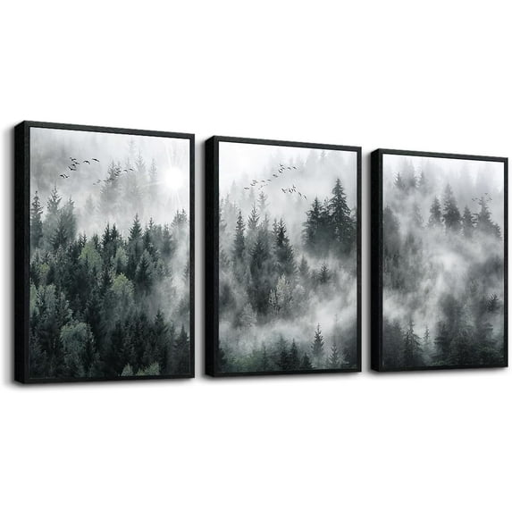 Black Framed Wall Art For Living Room Modern Decorations Bedroom Foggy Forest Trees Landscape Painting Office Decor Home Ready To Hang a Pictures Of 3 Piece Prints