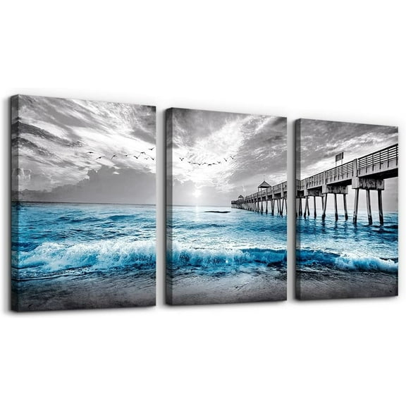 Black Framed Wall Decorations For Living Room 3 Piece Canvas Wall Art For Bedroom Office Wall Decor Black And White Wall Painting Blue Ocean Sea Wave Pictures Artwork For Posters Prints Home Decor