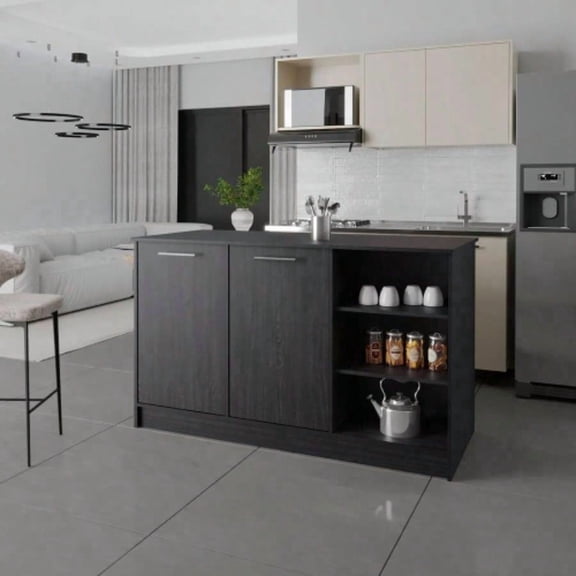 Black Engineered Wood Free-Standing Kitchen Island - Modern Dining Storage & Food Prep Countertop