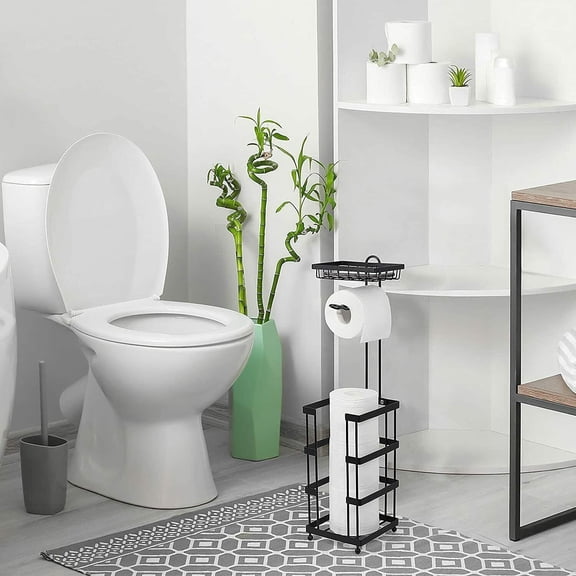 Black Free Standing Toilet Paper Holder Paper Roll Storage Organizer with Shelf