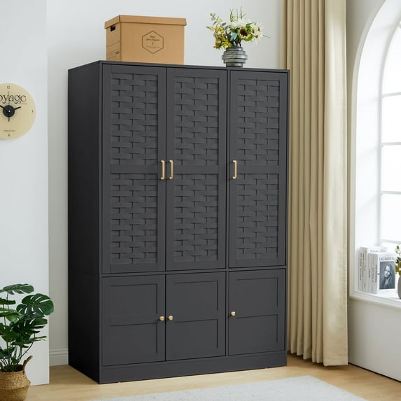 WIRRYTOR Modern Wooden Bedroom Armoire, Metal Handles, MDF Design, 6 Doors, 8 Shelves, Large Capacity Closet with Rod