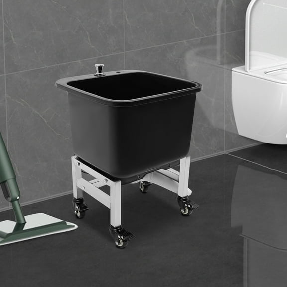 Black Freestanding Floor Mop Sink with Drain, Durable Plastic Mop Basin w/4 Wheels 15.75*15.75*19.88in for Restaurants, RVs, Bars, Garages