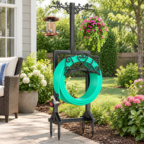 Black Freestanding Garden Hose Holder with Shepherds Hooks, Heavy Duty ...