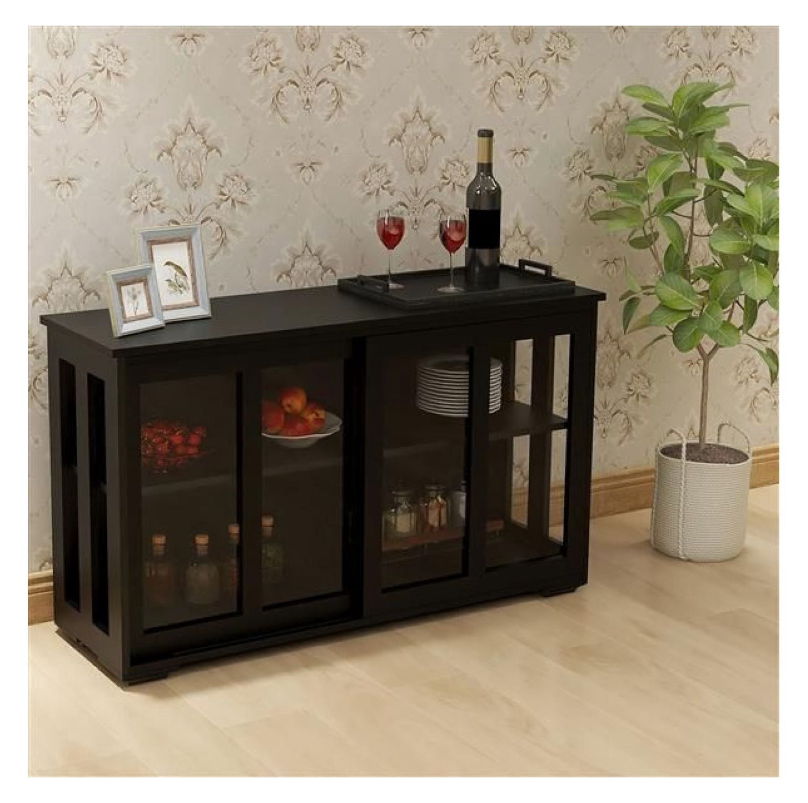 Black Freestanding Kitchen Storage Cabinet, Glass Door Pantry Cupboard ... - Glass Door Kitchen Cabinet Storage