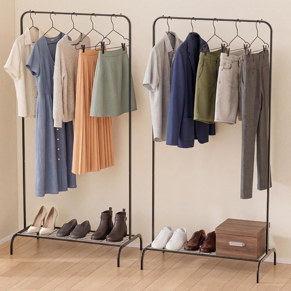 Black Freestanding Metal Clothing Rack with Bottom Shelf 2 Pack 92 Lb Capacity