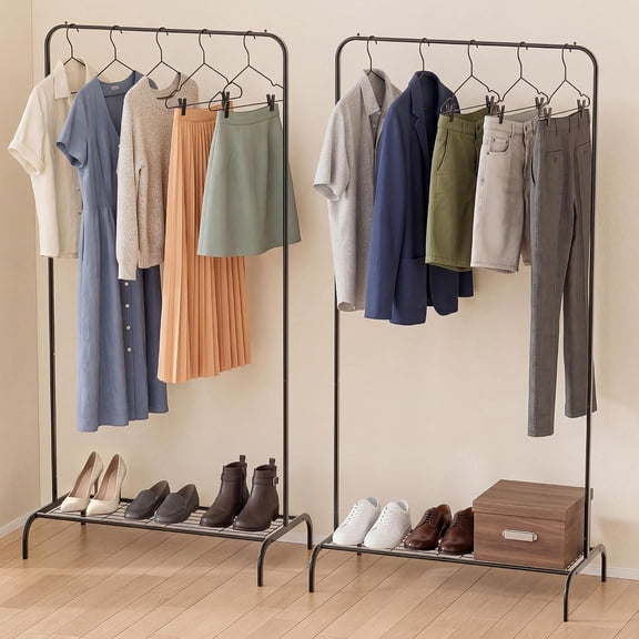 Black Freestanding Metal Clothing Rack with Bottom Shelf 2 Pack 92 Lbs Capacity