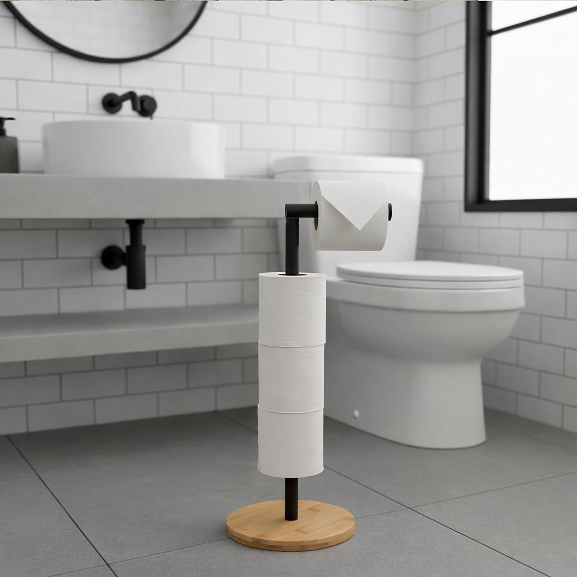 Black Freestanding Toilet Paper Holder Stand with Bamboo Base