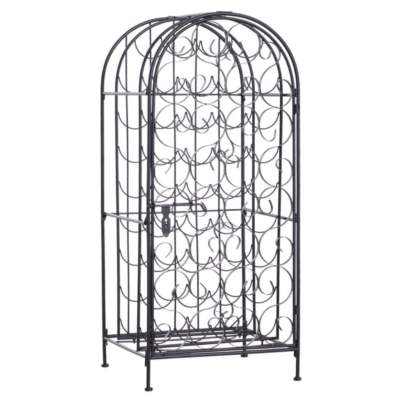 Black Freestanding Wrought Iron Wine Storage Cabinet with Lockable Door, 35 Standard Bottle Capacity Wine Rack for Home Bar & Kitchen