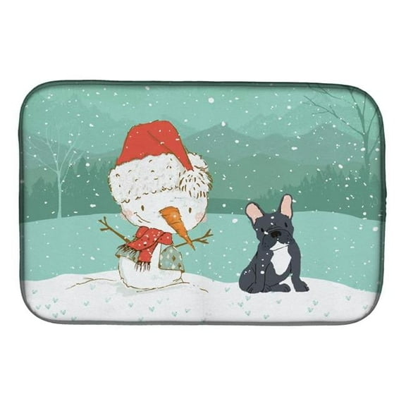 Black French Bulldog Snowman Christmas Dish Drying Mat