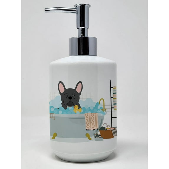 Black French Bulldog in Bathtub Ceramic Soap Dispenser