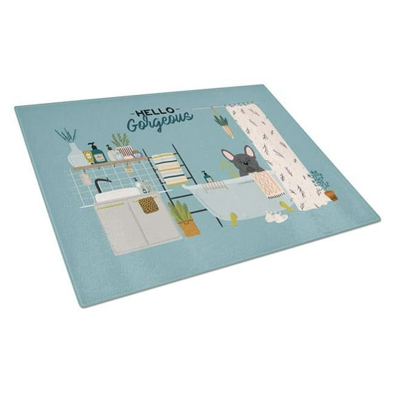 Black French Bulldog in Bathtub Glass Cutting Board - Large