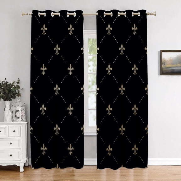 Black French Fleur De Lis Bedroom Curtains,Golden Pastoral Flowers Blackout Grommet Window Treatment Drapes For Living Room 38"W x 45"L (Pack of 2)