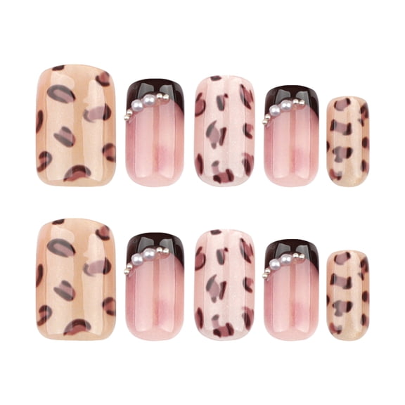 Black French Tip Pearl Leopard Print Press on Nails Short Square Fake Nails Full Cover Adhesive Press Ons Glossy Pearl Acrylic False Nails Nail Tips DIY Manicure for Women Girls Home Manicure 30 Pcs