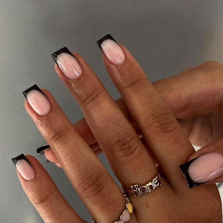 Black French Tip Press on Nails Short Square, Classic French Nails 