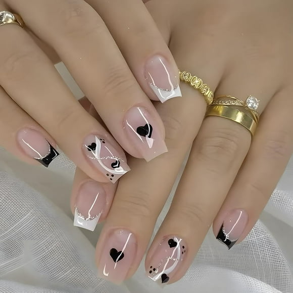 Black French Tip Press TMA2on Nails Short Square Nails with Silver Glitter Line Designs Glossy Coffin Nails Full Cover Acrylic Nails Reusable Stick on Nails for Women Valentines Manicure Decor