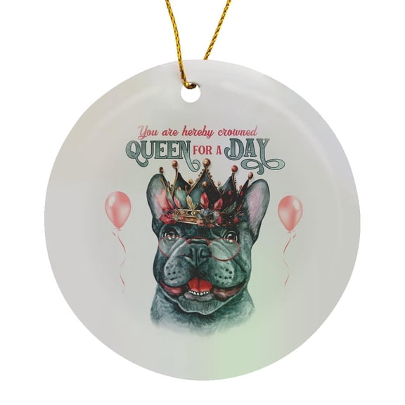3drose, Black Frenchie Dog in a Crown Queen for a Day Dog Lover Theme, Circle Porcelain Ornament