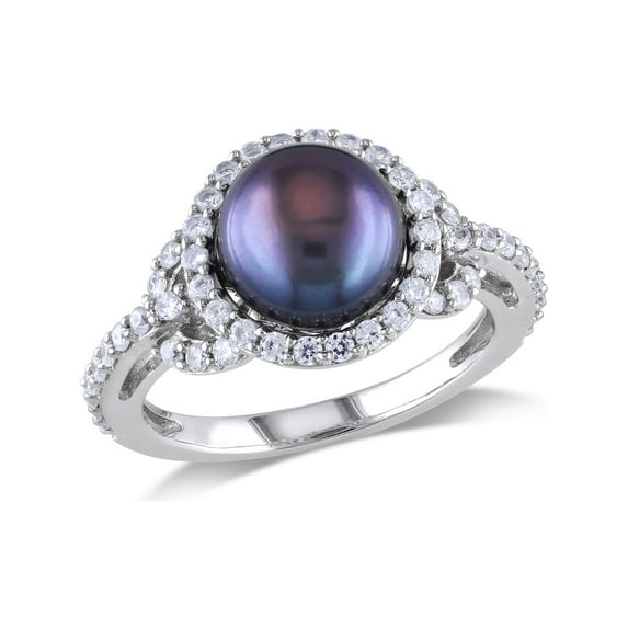 Black Freshwater Cultured Pearl 8.5-9mm and Cubic Ring In Sterling Silver for Women