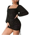 thumbnail image 1 of Black and Friday 2025 Lindreshi Fall Dresses for Women 2025 Homecoming Dresses Fall Fashion Women Drawstring Bishop Sleeve Off-The-Shoulder Neck Dress, 1 of 6