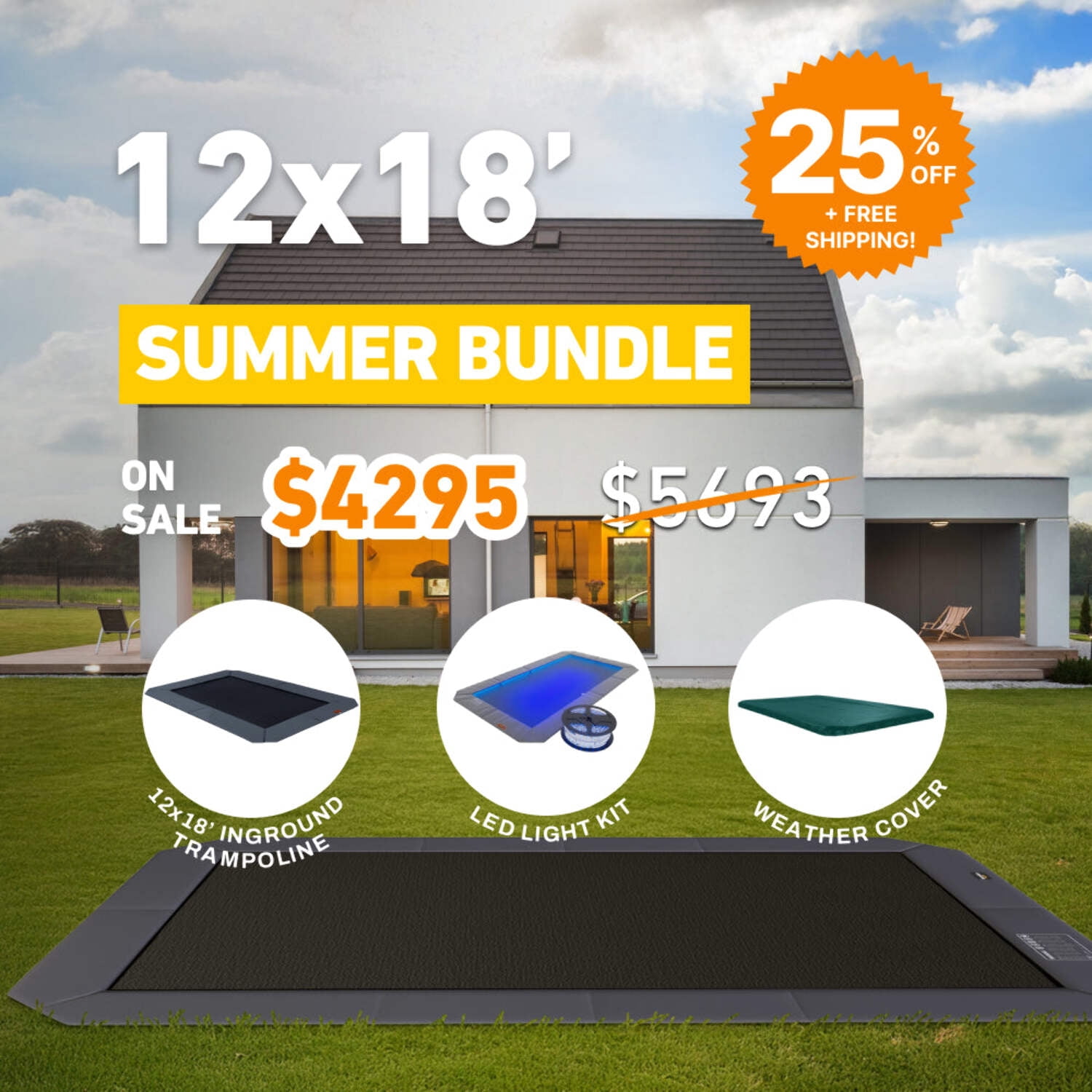 Summer Bundle! 12x18' Rectangle Pro-Line MAX Avyna In-Ground Trampoline + LED Lights + Cover
