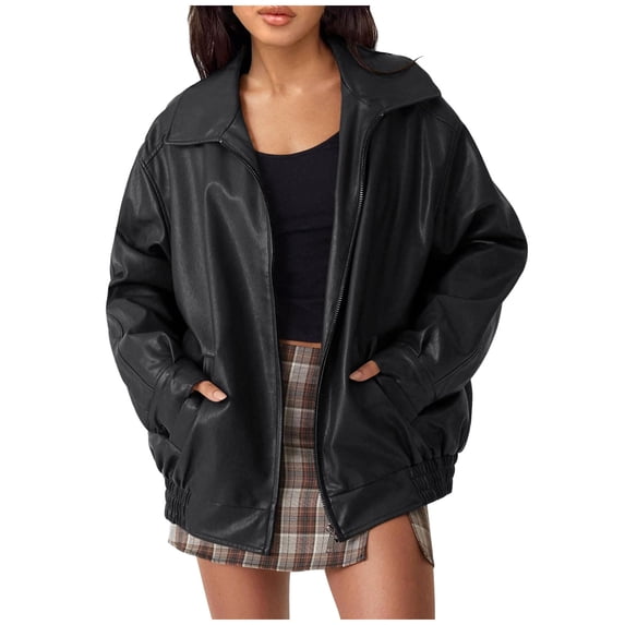 Black*Friday ChaoHeng 2025 Jackets for Women Women's Solid Color Faux Leather Moto Jacket with Zipper Pockets