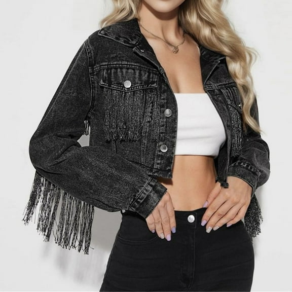 Black**Friday ChaoHeng Denim Coat for Women Women's Fringe Detail Denim Jacket,Distressed Western Style Fashion