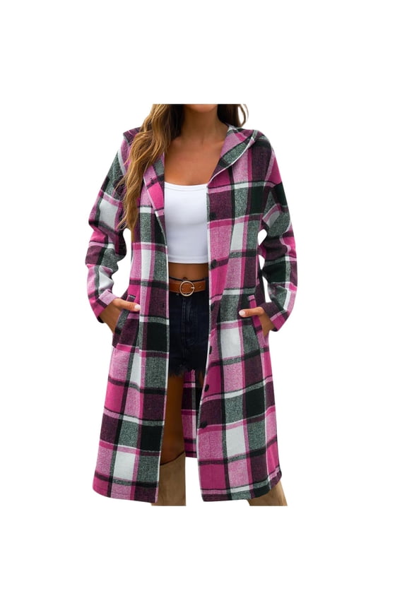 Black*Friday ChaoHeng Jackets for Women Trendy Women's Mid-Length Plaid Tweed Coat,Hooded Button Front Wrap Style with Pockets