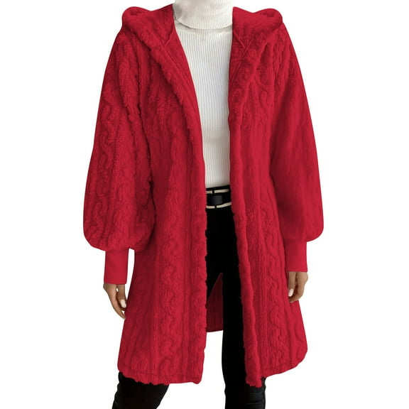 Black*Friday ChaoHeng Women Coats Clearance under 25.00 Women's Solid Color Plush Hooded Jacket,Loose Fit Long Sleeve Lounge Coat