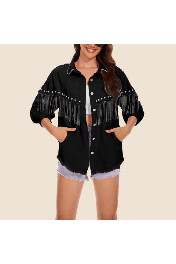 Black**Friday ChaoHeng Women’s Fall Trends Women's Style Chain Detail Denim Jacket,Streetwear Single Breasted