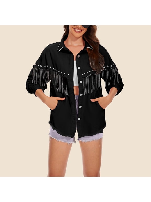 Black**Friday ChaoHeng Women’s Fall Trends Women's Style Chain Detail Denim Jacket,Streetwear Single Breasted