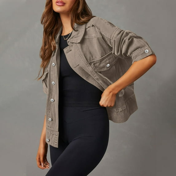 Black**Friday ChaoHeng Women's Jean Jacket Women's 2025 Utility Denim Jacket,Cropped Button Front Workwear Style