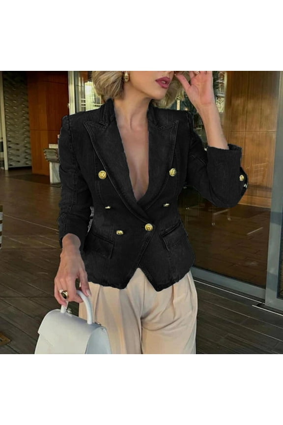 Black**Friday ChaoHeng Women's Jean Jacket Women's Double Breasted Denim Jacket,Long Sleeve Lapel Collar with Two Pockets