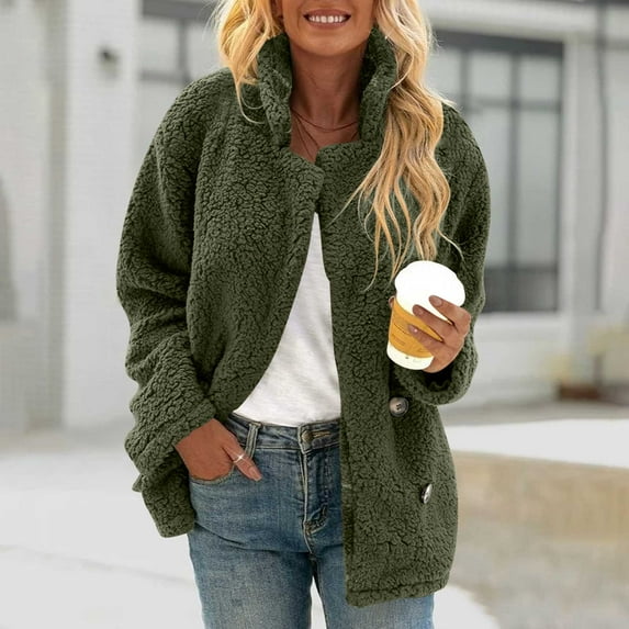 Black*Friday ChaoHeng Womens Winter Coats Women's Solid Color Plush Stand Collar Coat,Winter Button Front Jacket with Pockets