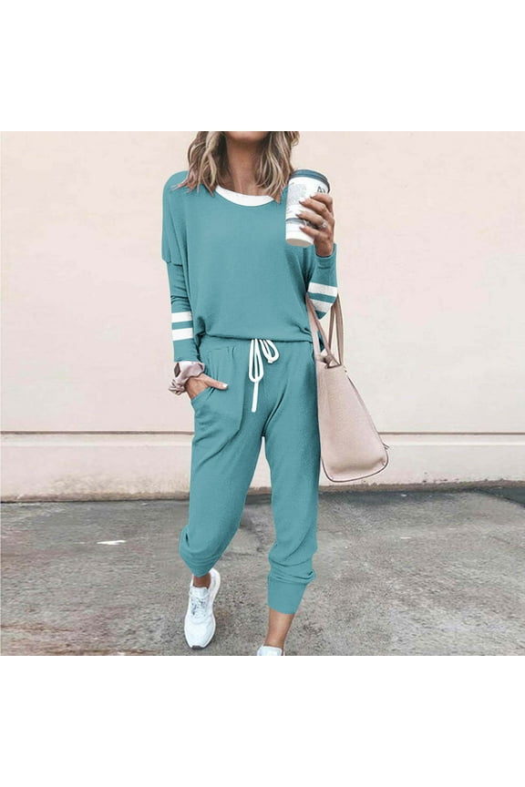 Black*Friday Chaoheng 2 Piece Sets for Women Casual Active Women's Color Block Striped Tracksuit,Drawstring Hoodie & Joggers 2-Piece Set