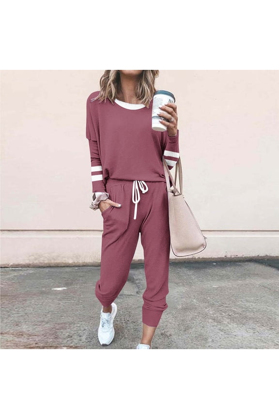 Black*Friday Chaoheng 2 Piece Sets for Women Casual Active Women's Color Block Striped Tracksuit,Drawstring Hoodie & Joggers 2-Piece Set
