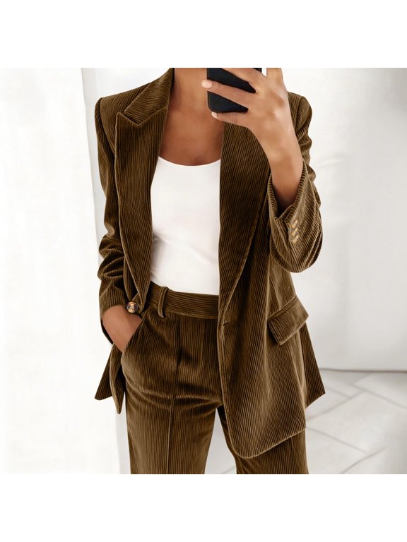 Black*Friday Chaoheng Blazers for Women Business Casual Women's Corduroy Blazer,Button Front Shirt Jacket with Mock Pockets