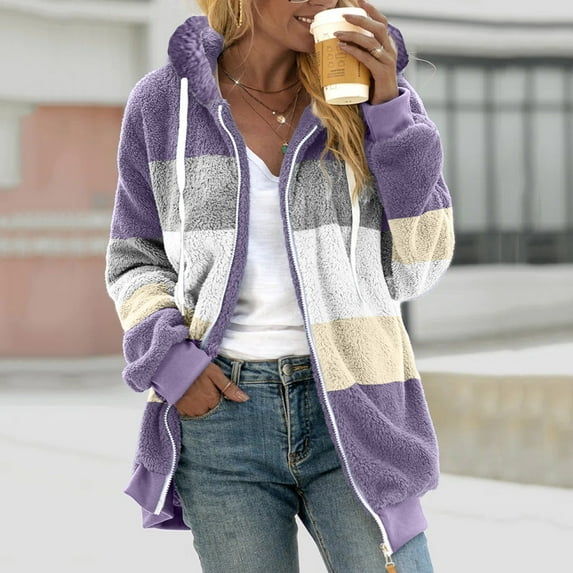Black*Friday Chaoheng Fall Jackets for Women 2025 Women's Reversible Color Block Hooded Jacket,Fall Winter Plush Zip Up Coat