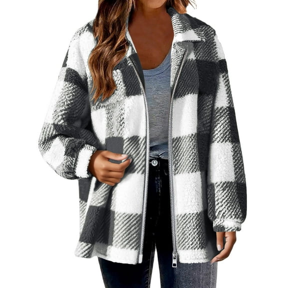 Black*Friday Chaoheng Fall Jackets for Women 2025 Women's Reversible Plaid Hooded Jacket,Fall Winter Plush Zip Up Fleece Coat