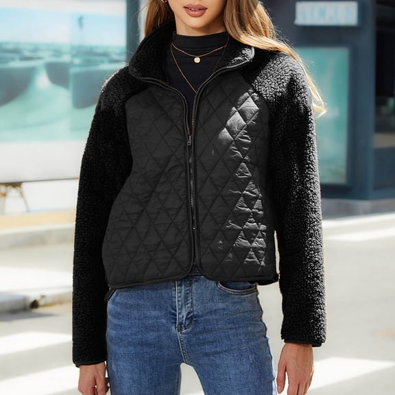 Black*Friday Chaoheng Fall Jackets for Women 2025 Women's Zip Up Fleece Jacket with Shearling Accent,Casual Plush Fall Winter Coat