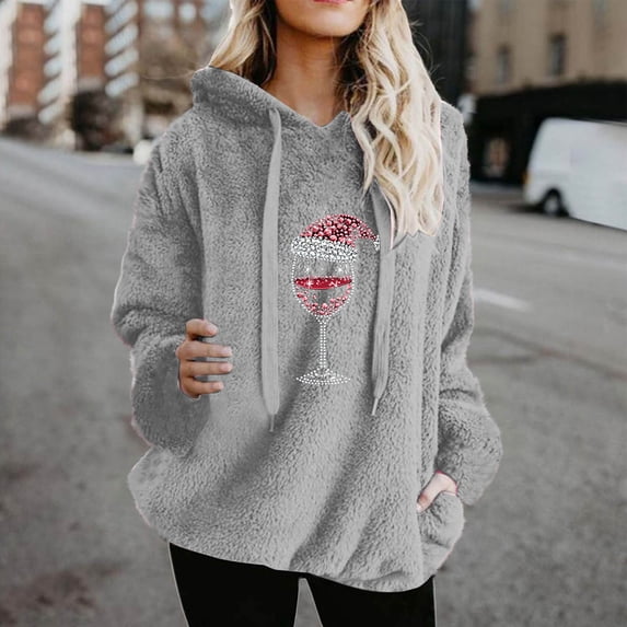 Black*Friday Chaoheng Hoodies for Women Plus Size Women's Christmas Letter Print Hooded Sweatshirt,Double Sided Fleece Pullover with Drawstring & Pockets Womens Fall Clothes on Sale