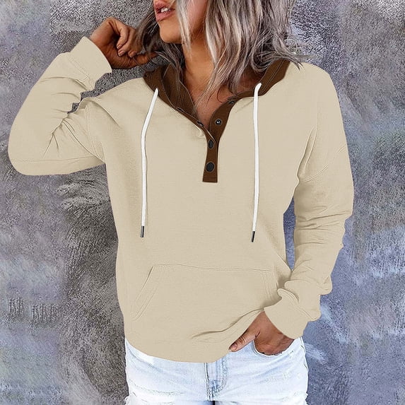 Black*Friday Chaoheng Hoodies for Women Plus Size Women's Color Block Hooded Sweatshirt with Button Accent,Drawstring & Pocket Detail Fall Tops for Women 2025 Trendy