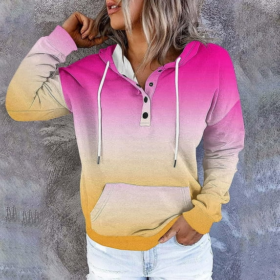 Black*Friday Chaoheng Hoodies for Women Plus Size Women's Color Block Hooded Sweatshirt with Button Accent,Drawstring & Pocket Detail Womens Fall Tops 2025