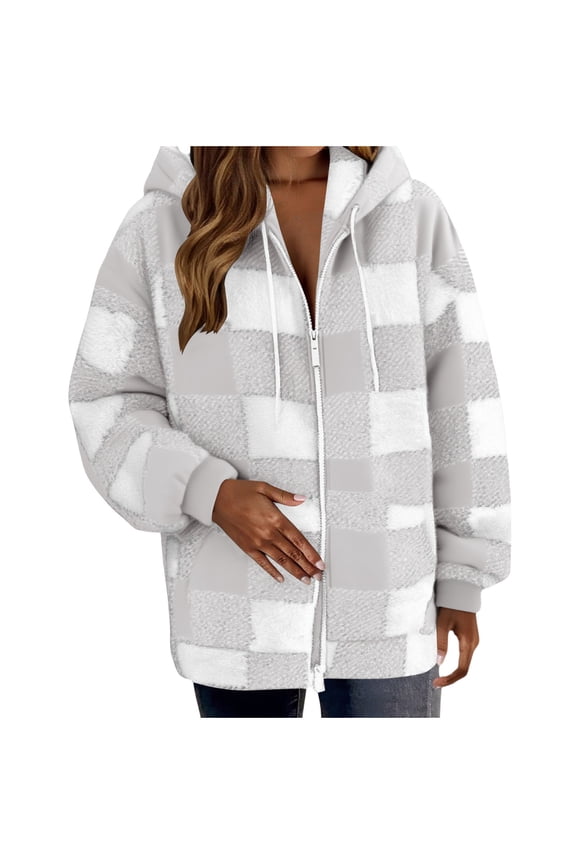 Black*Friday Chaoheng Jackets for Women Women's Reversible Plaid Hooded Jacket,Fall Winter Plush Zip Up Fleece Coat