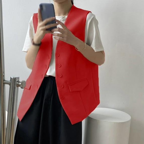 Black*Friday Chaoheng Plus Size Blazer Women's Solid Button Vest with Pockets,Fashion Long Sleeve Waistcoat Top