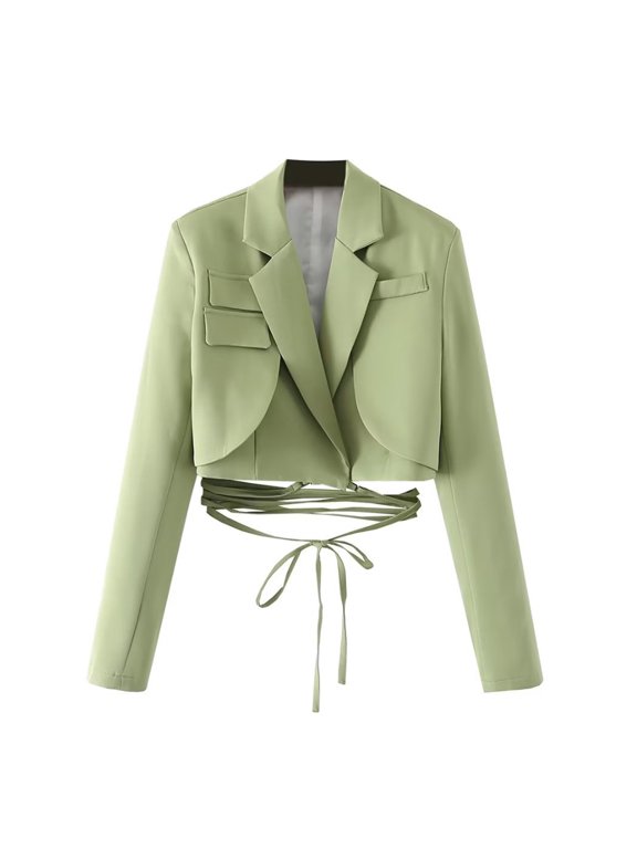 Black*Friday Chaoheng Plus Size Blazer Women's Solid Color Tie Waist Blazer,Short Length Long Sleeve Belted Jacket