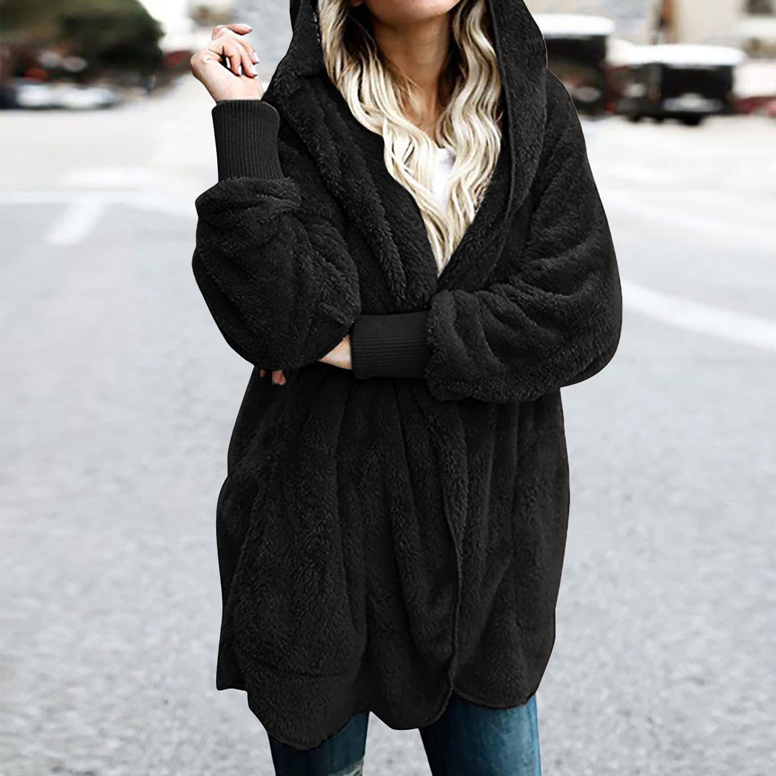 Women's Plush Fleece Cape Coat With Pom Pom Trim And Orange Faux Fur Collar For Warm Cozy Comfort