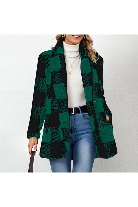 Black**Friday Chaoheng Winter Jackets for Women Women's Diamond Plaid Wool Blend Coat Double-Breasted Flannel Shirt Jacket
