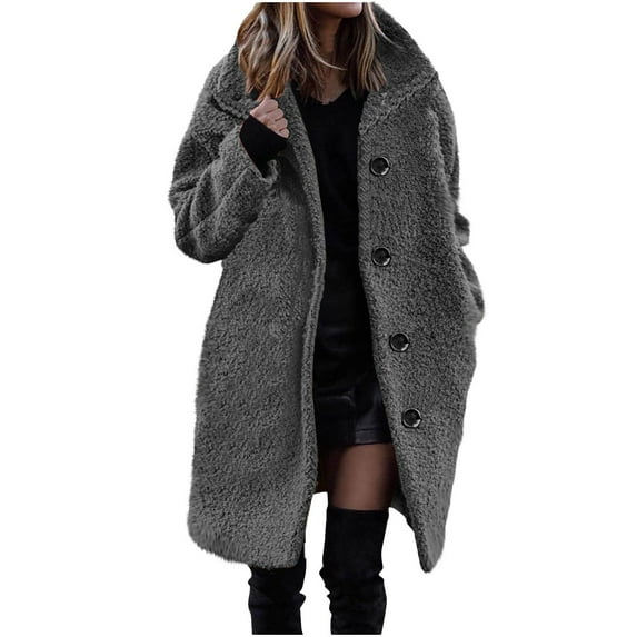 Black*Friday Chaoheng Winter Jackets for Women Women's Solid Color Button Up Plush Top,Winter Long Sleeve Fuzzy Coat with Pockets
