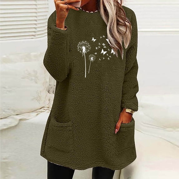 Black*Friday Chaoheng Womens Hoodies Women's Plush Round Neck Printed Sweatshirt,Winter Heavyweight Fleece Lined Top with Pockets Fall Clothes for Women 2025