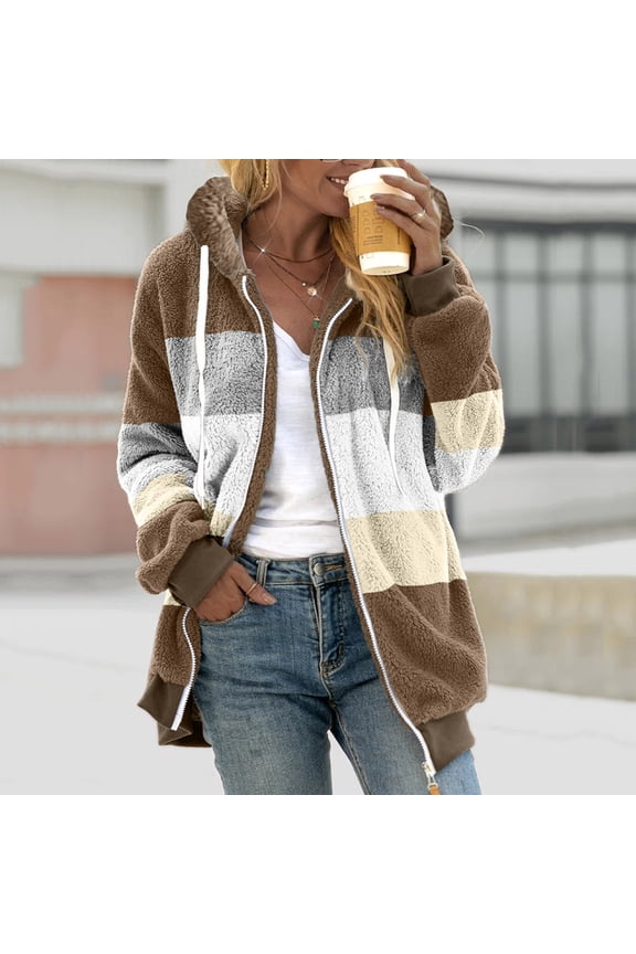 Black*Friday Chaoheng Womens Winter Coats Women's Reversible Color Block Hooded Jacket,Fall Winter Plush Zip Up Coat